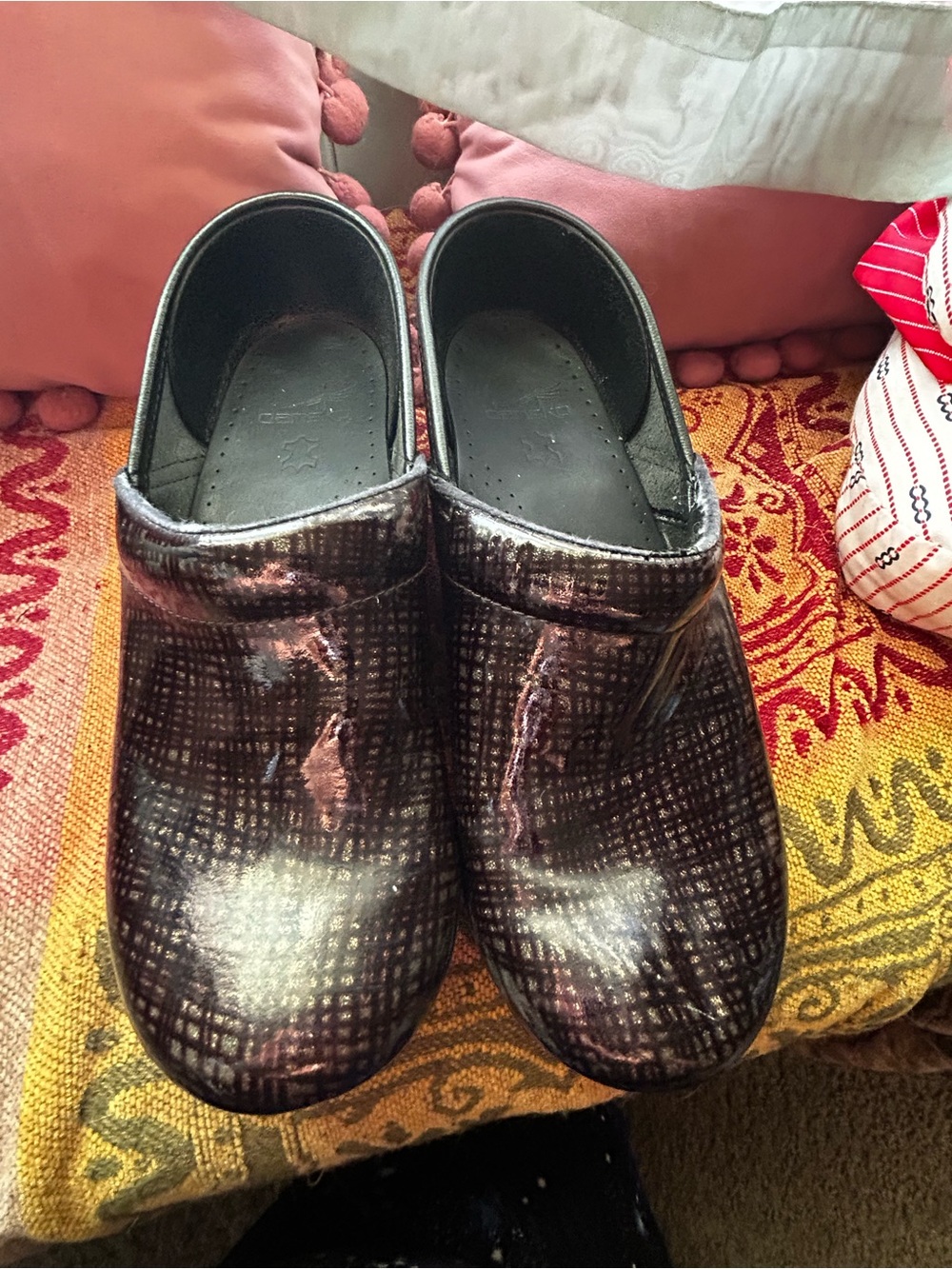 Dansko Black Patent Clog Shoes with Iridescent Accents